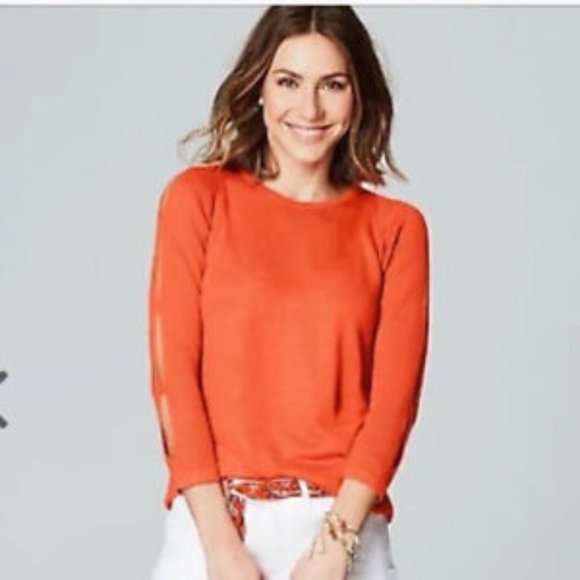 NWT J. Jill Zinnia Cut out Sleeves Long Sleeve Orange Linen Top sz M - Picture 2 of 8